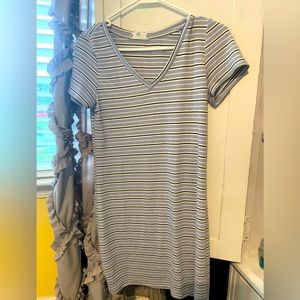 Pink Rose medium blue, white, and black, horizontal stripe, tight T-shirt dress!